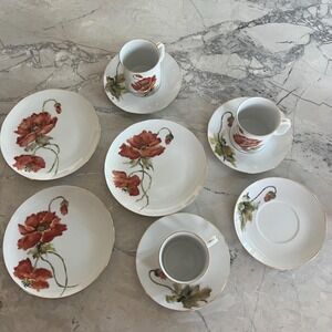 Set of 3 dessert plate, cups & saucers plus bonus- hand painted‎ Poppy in Japan